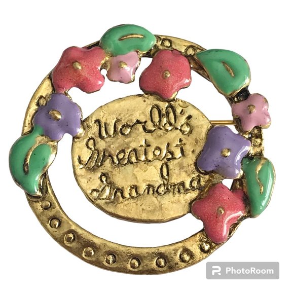 Vintage Grandmother Flower Circle Brooch Pin Gold Tone Grandma Mothers Day Gift - Picture 1 of 9